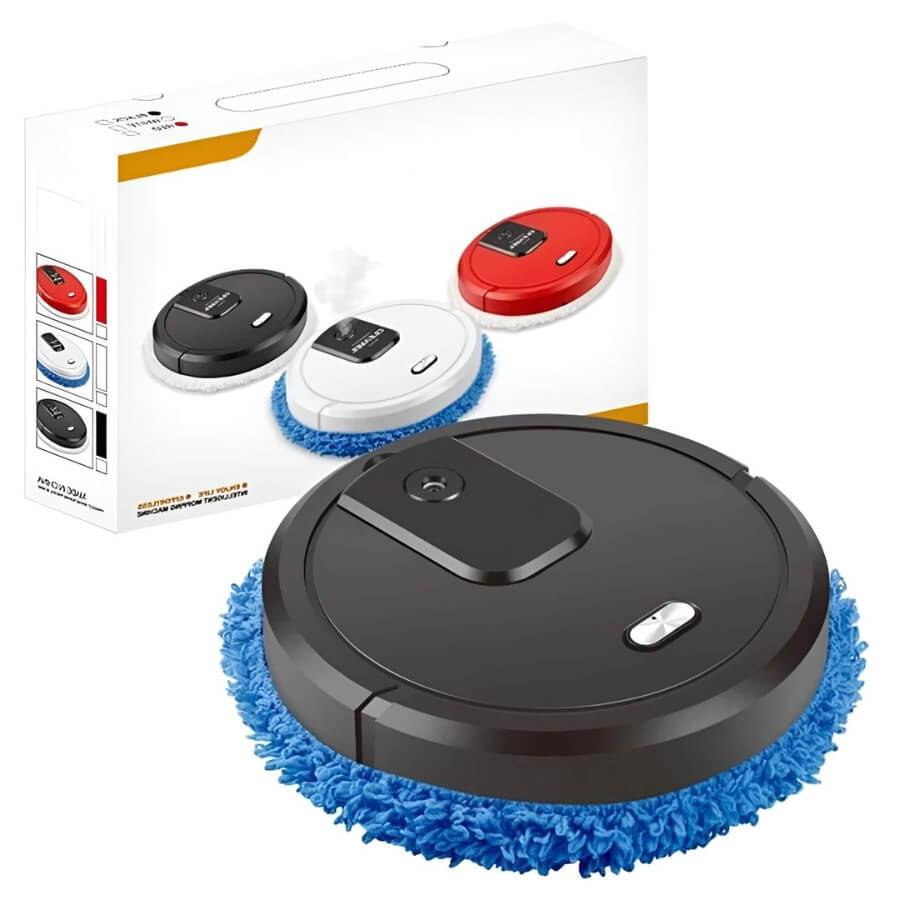 Schwarzer Saugroboter mit blauer Bürste, Haushaltsgerät, Verpackung im Hintergrund.