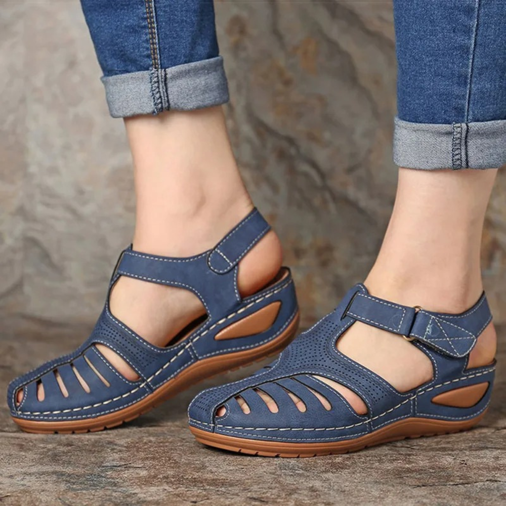 Blaue römische Sandalen aus Leder, Damen, bequem, Sommerschuhe, Freizeitmode.