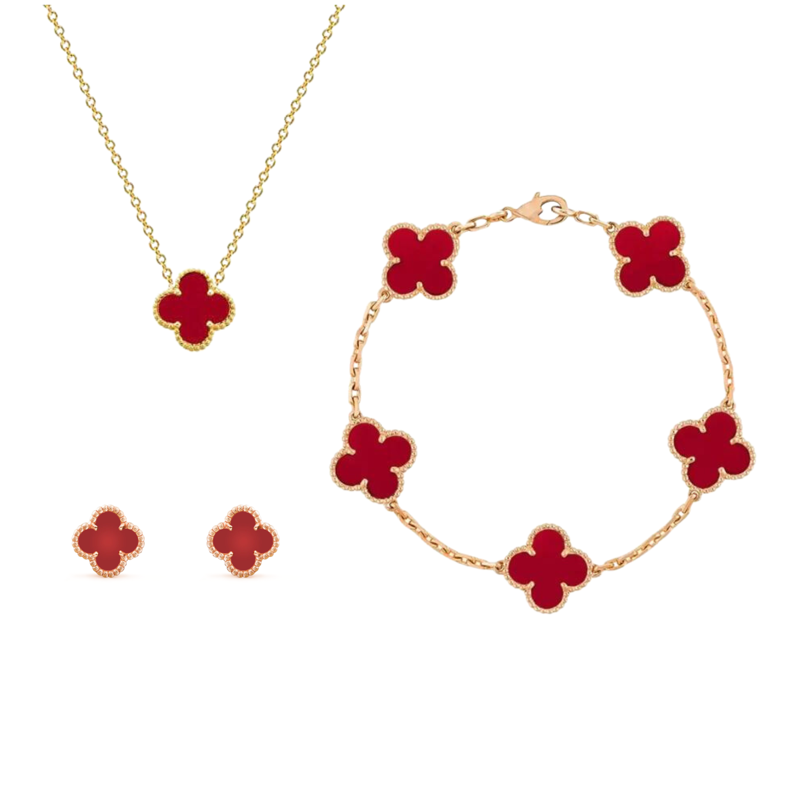 Goldene Halskette, Armband und Ohrringe mit roten Kleeblatt-Anhängern, Schmuckset.