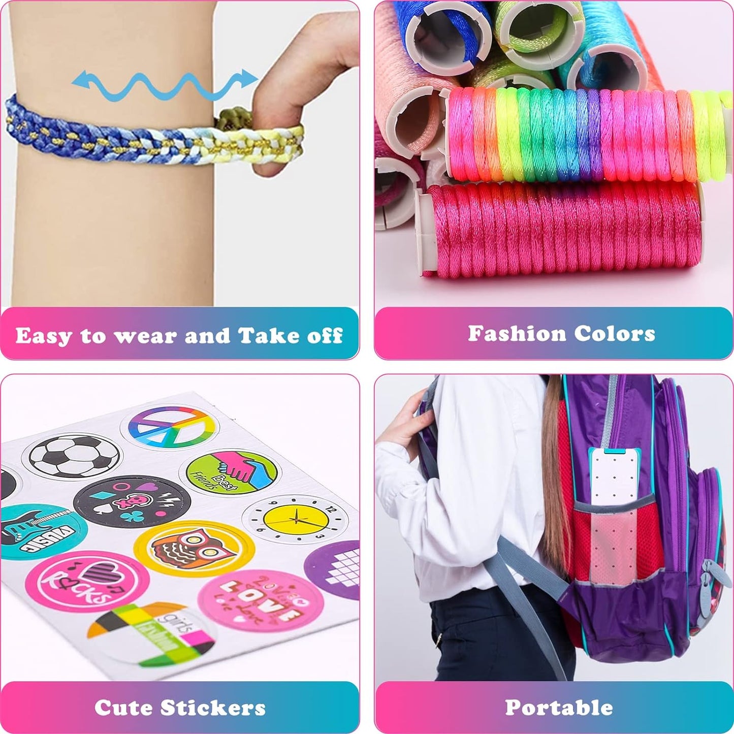 DIY-Flechtset für Kinder, bunte Seile, Armband, tragbar, modische Farben, niedliche Sticker.
