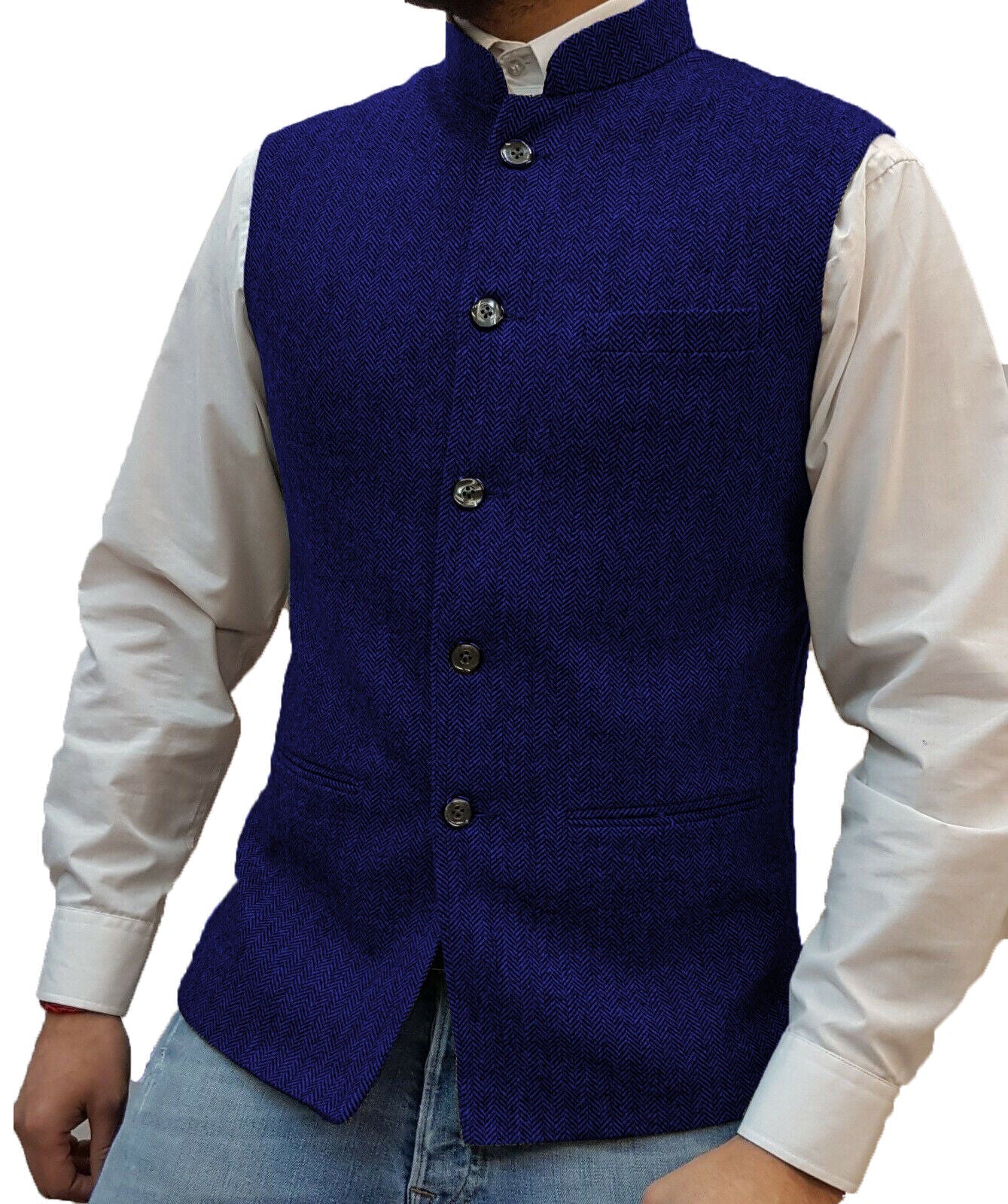 Herrenweste royalblau, Stehkragen, Knopfleiste, elegantes Design, Freizeitmode.