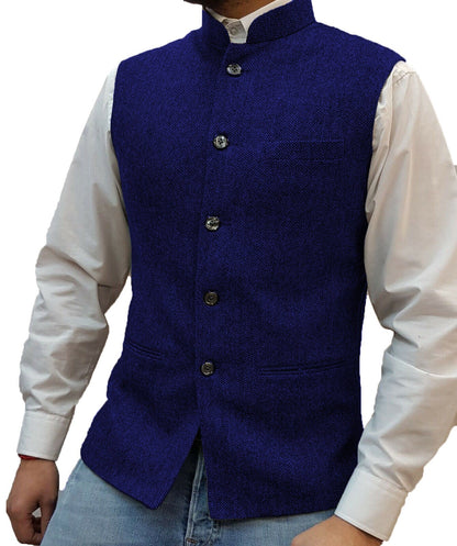 Herrenweste royalblau, Stehkragen, Knopfleiste, elegantes Design, Freizeitmode.
