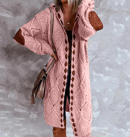 Damen Strickjacke rosa, Zopfmuster, Kapuze, lange Ärmel, modisch, gemütlich, Herbstmode.