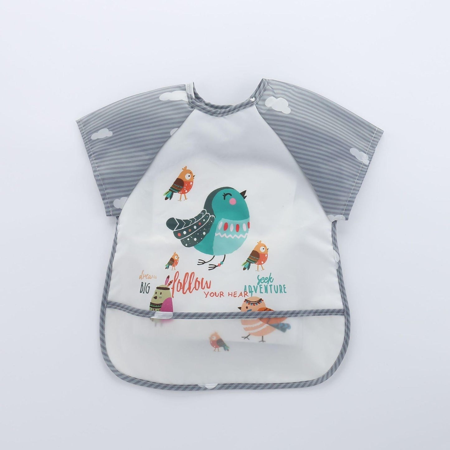 Baby-Lätzchen mit Vogelmotiv, grau-weiß gestreift, wasserdicht, für Kleinkinder.