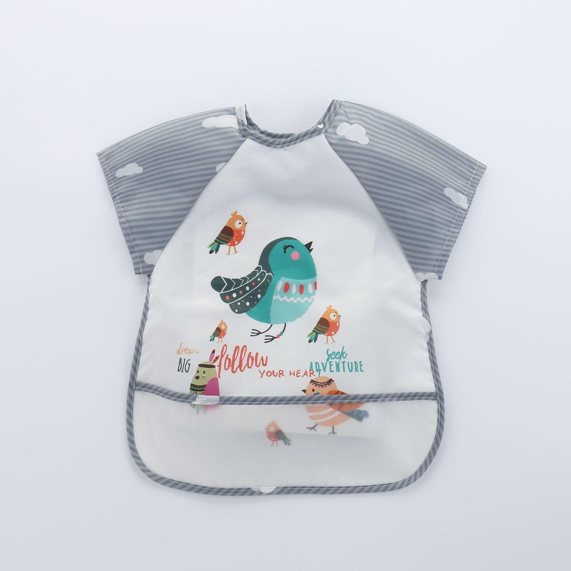 Baby-Lätzchen mit Vogelmotiv, grau-weiß gestreift, wasserdicht, für Kleinkinder.