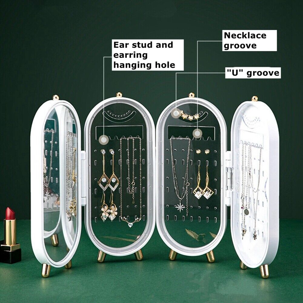 Weißer Schmuck-Organizer mit Spiegel, Ohrring- und Halskettenhalter, oval, modern.