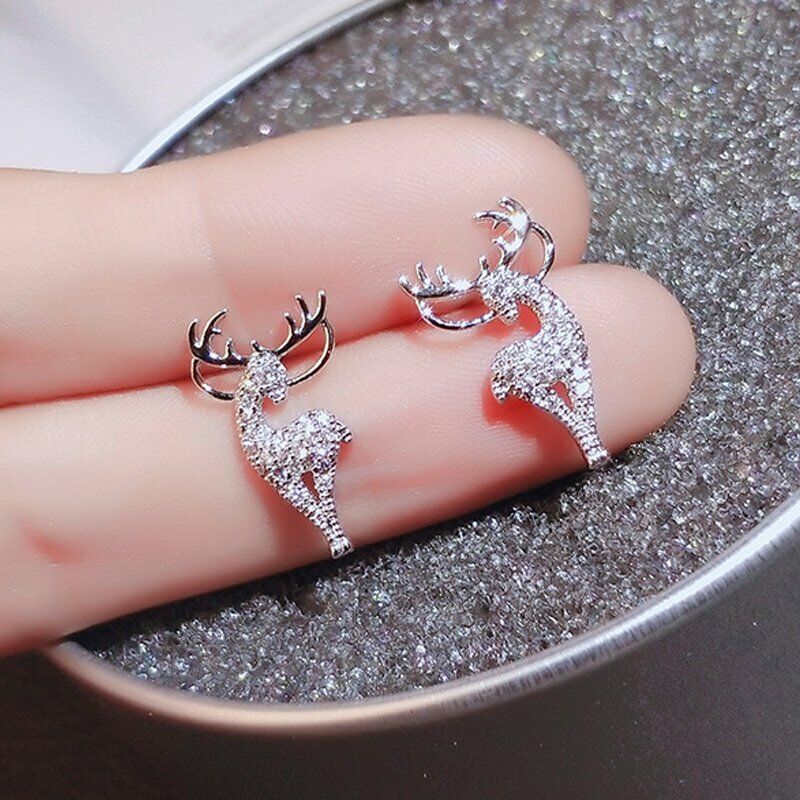 Silberne Hirsch-Ohrringe mit Strass, eleganter Schmuck, modisches Accessoire, Geschenkidee.