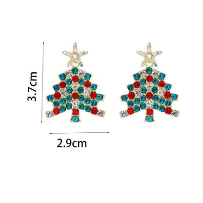 Weihnachtsbaum-Ohrringe, bunt, Strass, 3,7 cm x 2,9 cm, festlicher Schmuck, Damenaccessoire.