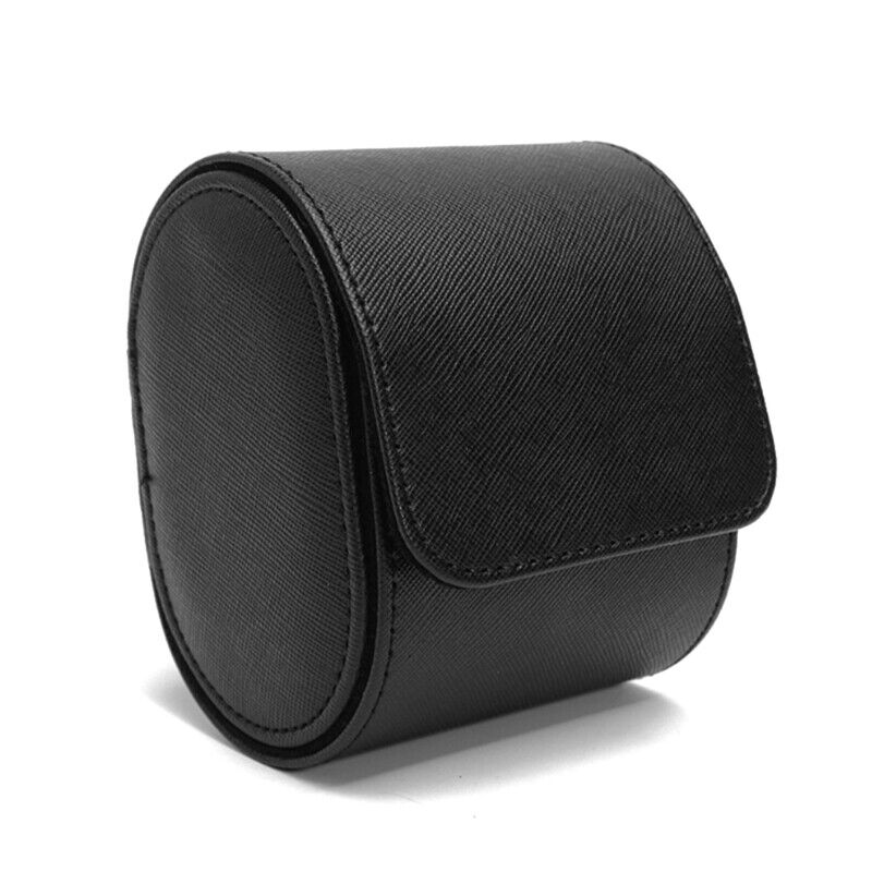 Schwarze Leder-Uhrenbox, rund, für Reiseaufbewahrung, elegant und kompakt.