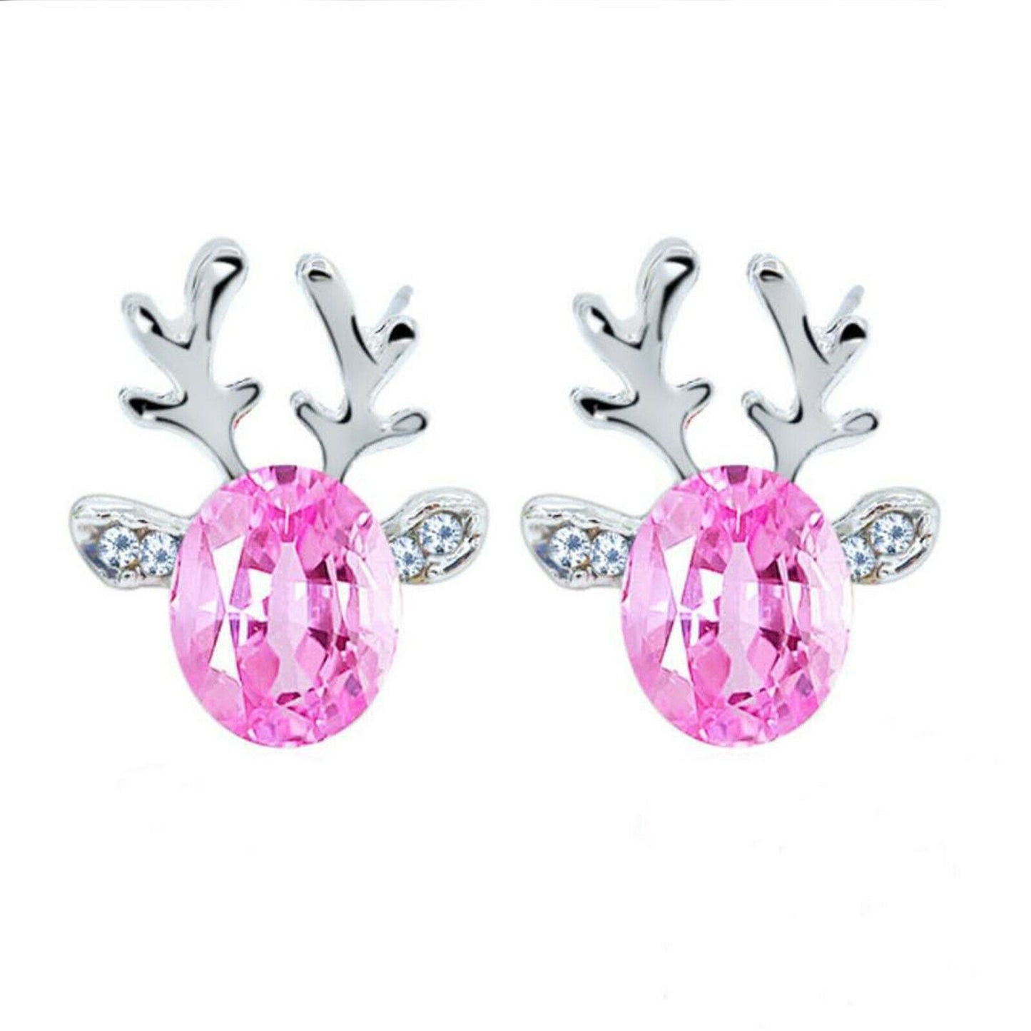 Rosa Rentier-Ohrringe mit Kristallen, silberne Geweih-Details, modischer Schmuck.