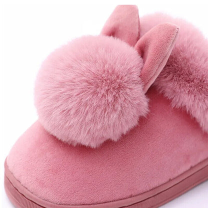 Rosa Plüsch-Hausschuhe mit Hasenohren, Damen Winter Pantoffeln, warm und gemütlich.