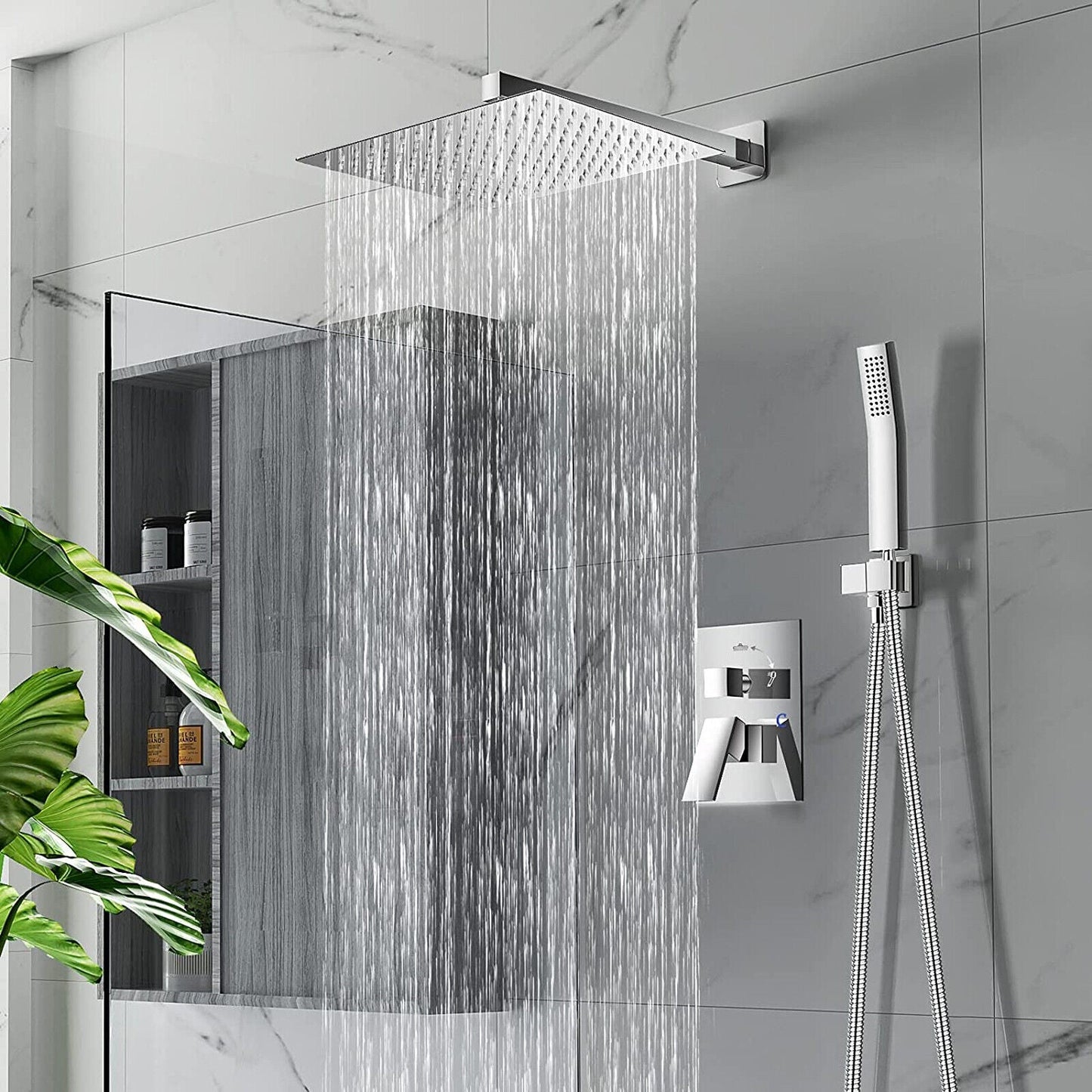 Quadratische Regendusche aus Edelstahl, Wandmontage, modernes Badezimmerdesign, Wasserfall-Effekt.