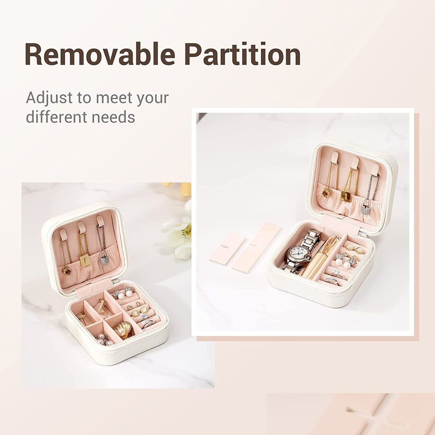 Weiße Schmuckbox mit herausnehmbaren Trennwänden, ideal zur Aufbewahrung von Schmuck und Uhren.
