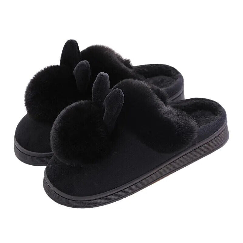 Schwarze Plüsch-Hausschuhe mit Hasenohren, Damen, warm, rutschfest, Wintermode.