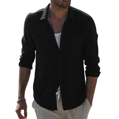 Schwarzes Herrenhemd aus Leinen, langärmlig, lässig, ideal für Sommermode.