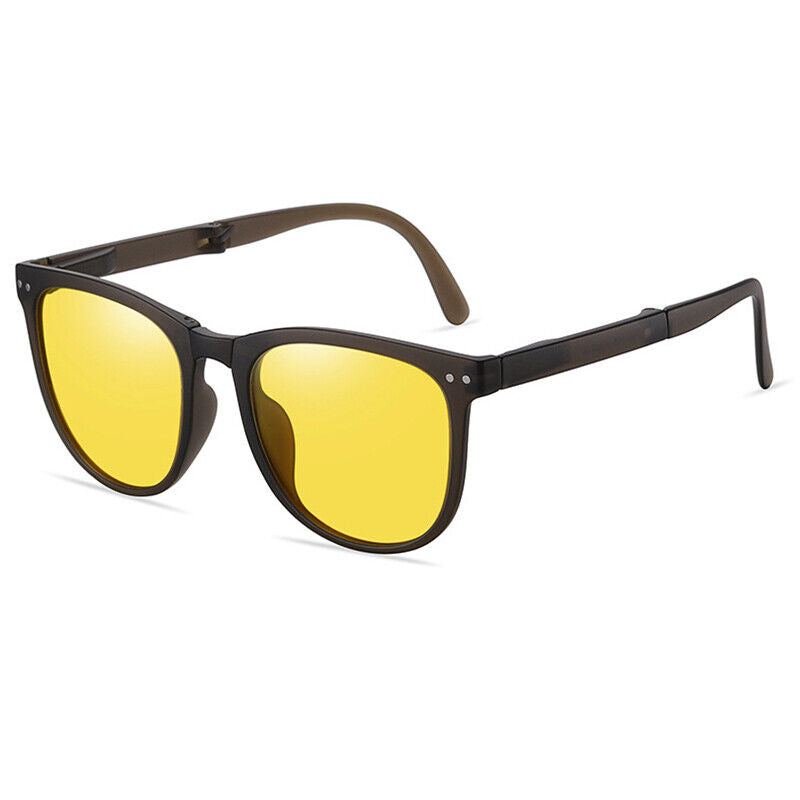 Schwarze Sonnenbrille mit gelben Gläsern, modisches Accessoire, UV-Schutz, Unisex-Design.