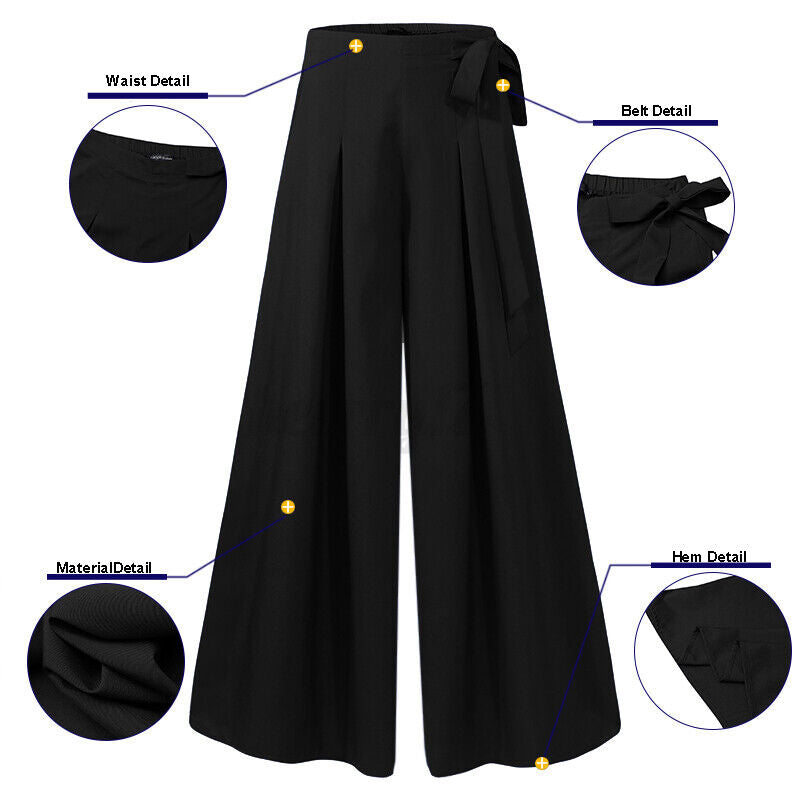 Schwarze Damenhose mit weitem Bein, Taillenband, Materialdetails, modisch, elegant.