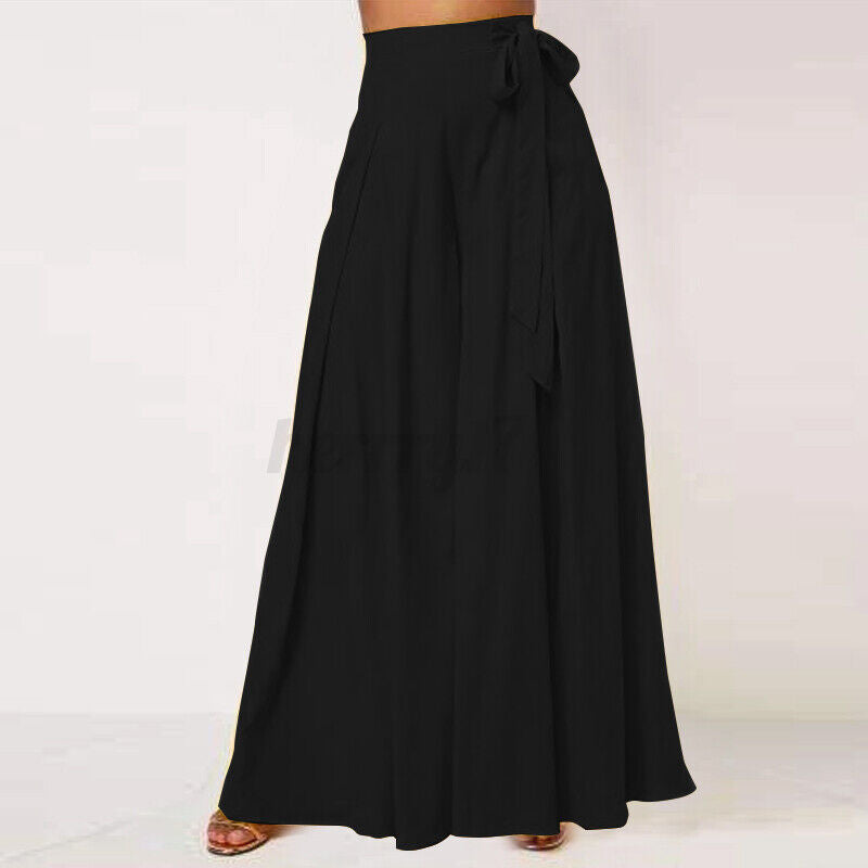 Langer schwarzer Maxirock Damen, elegant, mit Schleife, aus leichtem Stoff, ideal für Sommer.