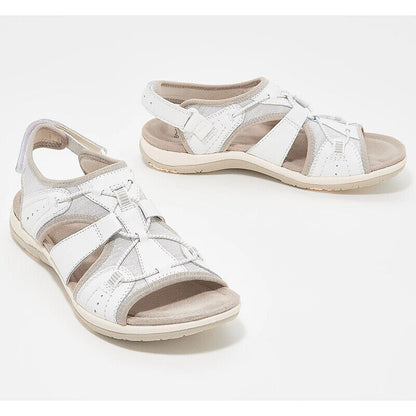 Weiße Damen-Sandalen, Leder, sportlich, bequem, Klettverschluss, Sommermode, rutschfeste Sohle.