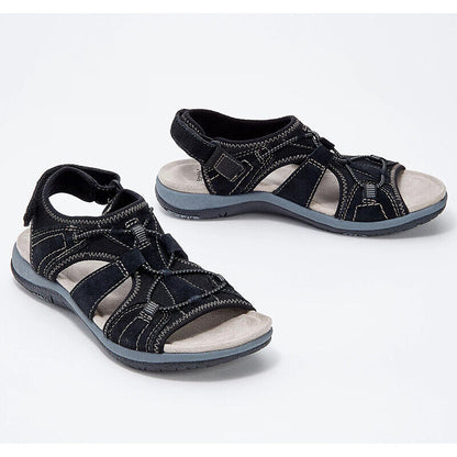 Schwarze Outdoor-Sandalen für Damen, bequem, Klettverschluss, rutschfeste Sohle.