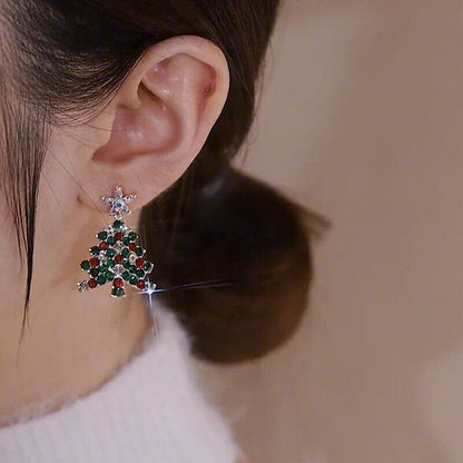 Weihnachtsbaum-Ohrring mit grünen und roten Kristallen, festlicher Schmuck, Damenaccessoire