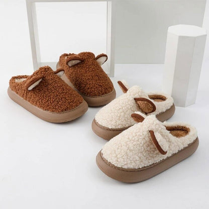 Braune und cremefarbene Plüsch-Hausschuhe für Kinder, rutschfest, warm, mit Ohren-Design.