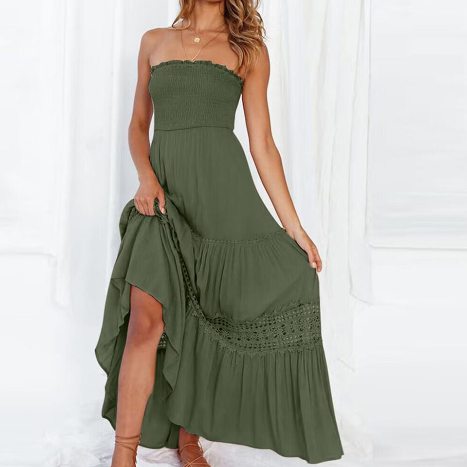 Off-shoulder maxiklänning med spetsdetaljer – Isaline