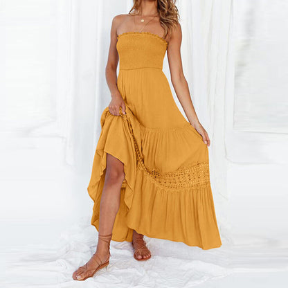 Off-shoulder maxiklänning med spetsdetaljer – Isaline