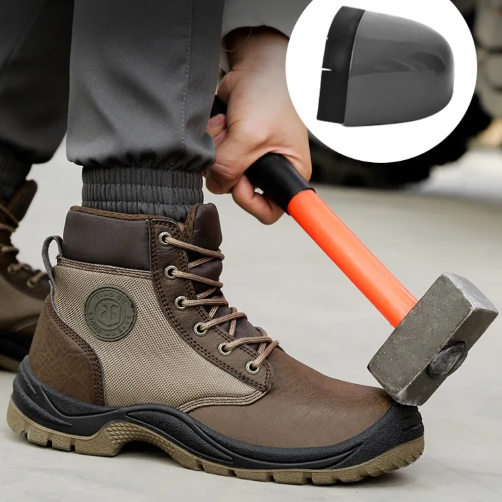 Braune Sicherheitsschuhe mit Stahlkappe, rutschfest, robust, ideal für Bauarbeiten.