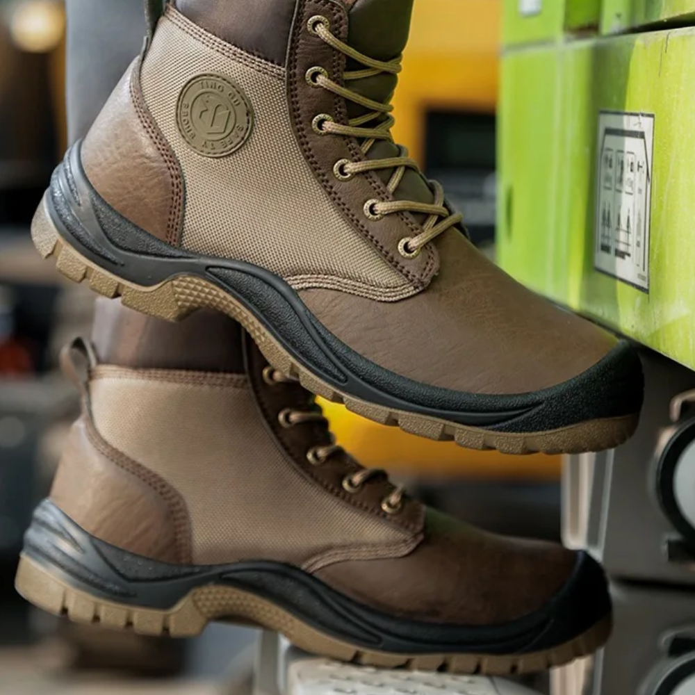 Braune Sicherheitsstiefel aus Leder, rutschfeste Sohle, ideal für Bauarbeiten.