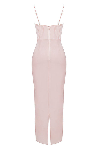 Rosa, ärmelloses Maxikleid mit Spaghettiträgern und Rückenschlitz, elegantes Abendkleid.