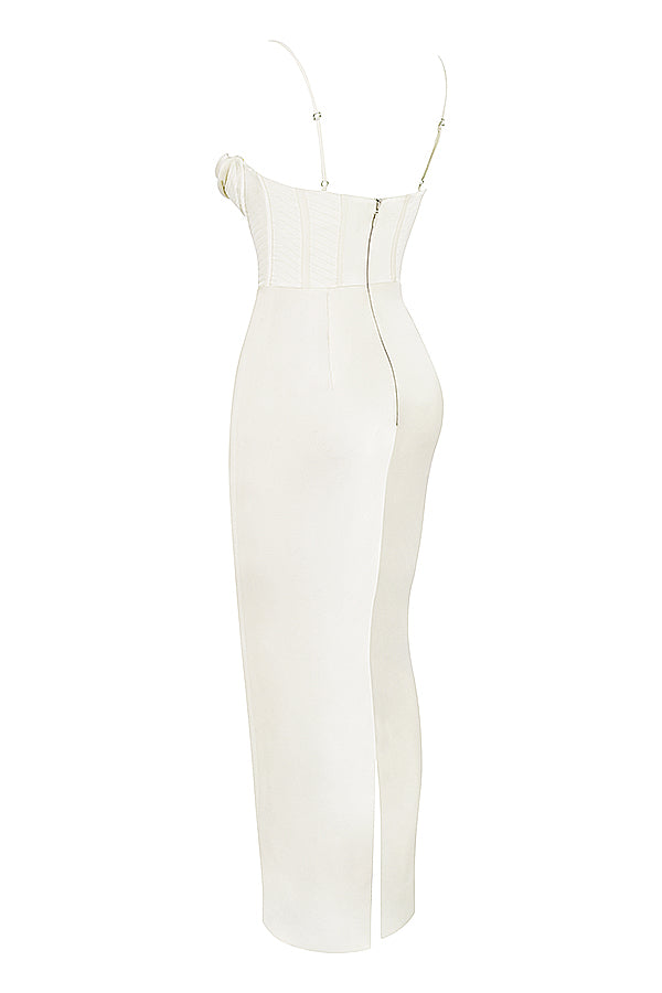 Weißes, schulterfreies Korsettkleid mit Reißverschluss, elegantes Abendmode-Design.