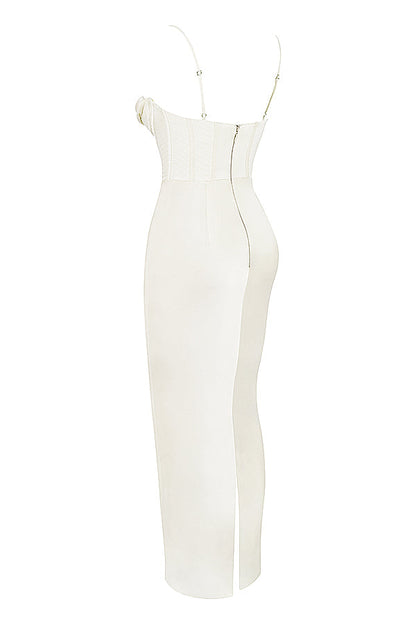 Weißes, schulterfreies Korsettkleid mit Reißverschluss, elegantes Abendmode-Design.
