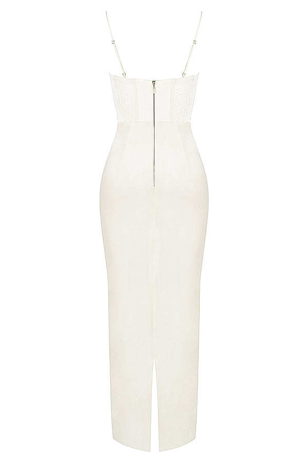 Weißes, ärmelloses Kleid mit Spaghettiträgern, Reißverschluss hinten, elegantes Design.