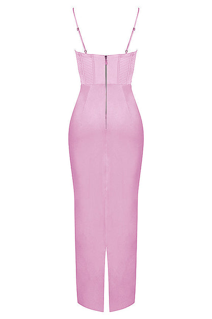 Rosa, ärmelloses Midikleid mit Reißverschluss, figurbetont, elegantes Design, Damenmode.