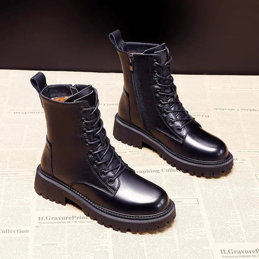 Schwarze Lederstiefel mit Schnürung und Reißverschluss, modisch, robust, für Herbst/Winter.