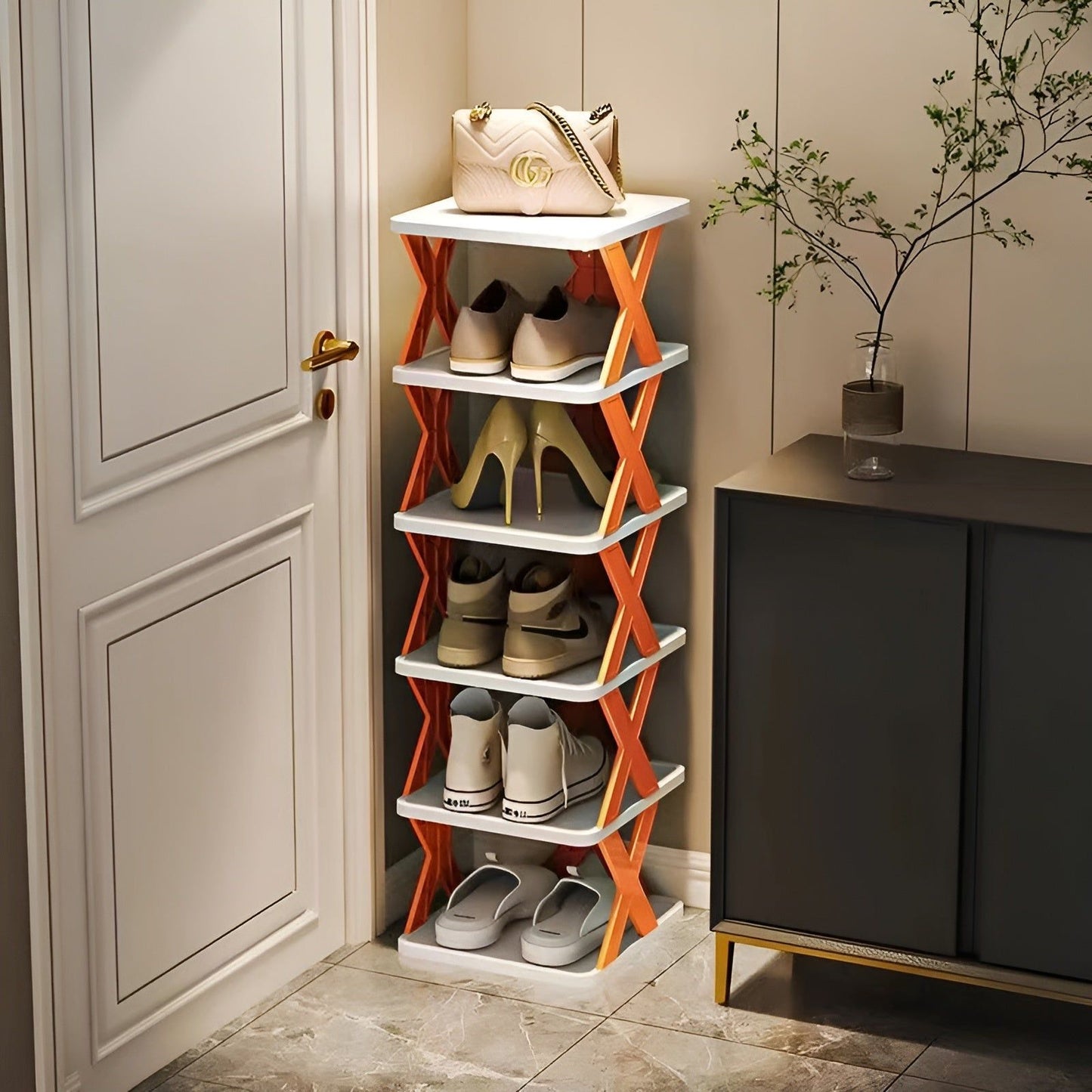 Schuhregal aus Holz, 5 Ebenen, orange, platzsparend, für Flur, modernes Design.