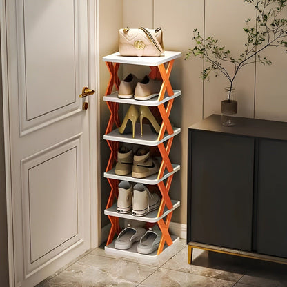 Schuhregal aus Holz, 5 Ebenen, orange, platzsparend, für Flur, modernes Design.