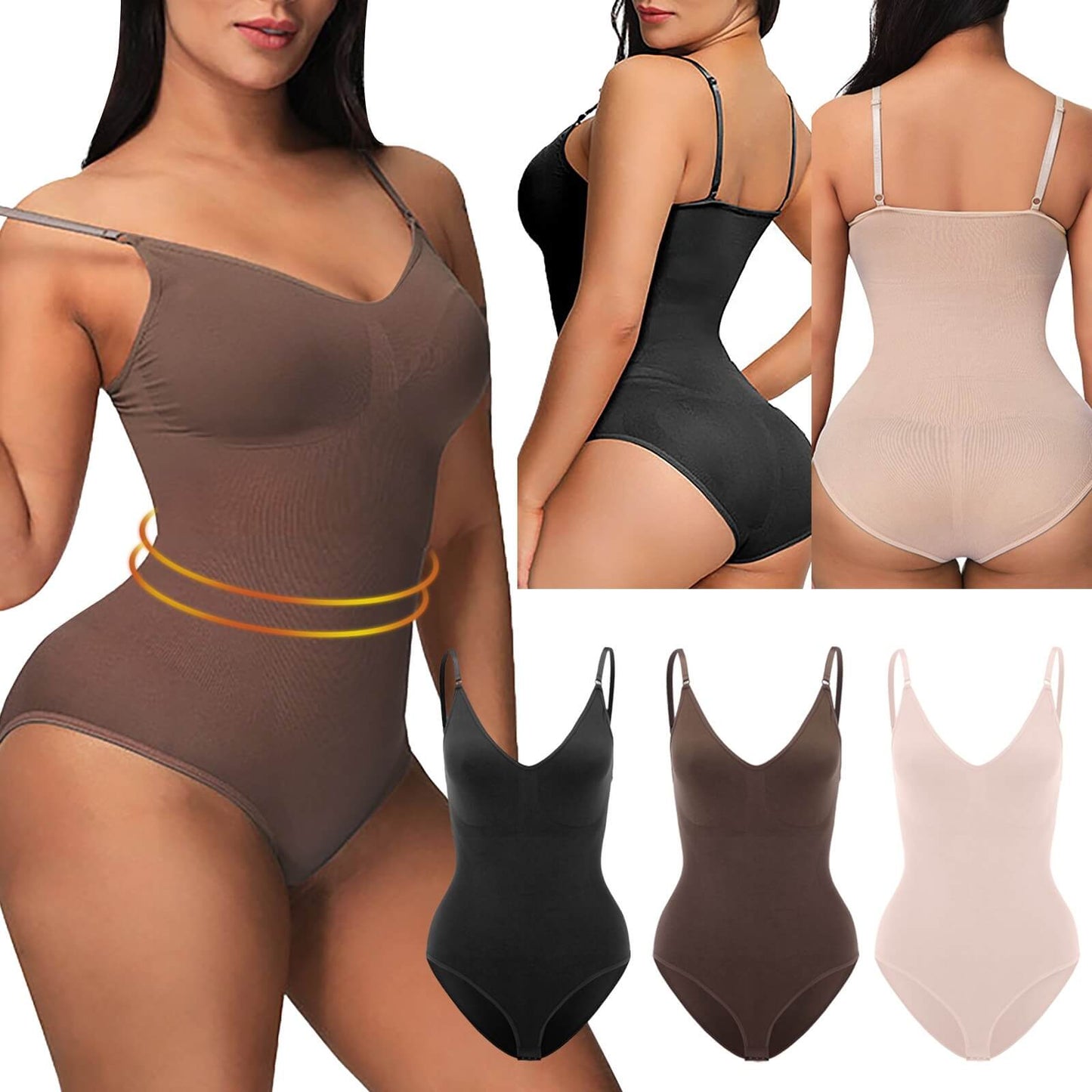 Damen Shapewear Bodysuit, nahtlos, Braun, Schwarz, Beige, figurformend, verstellbare Träger.