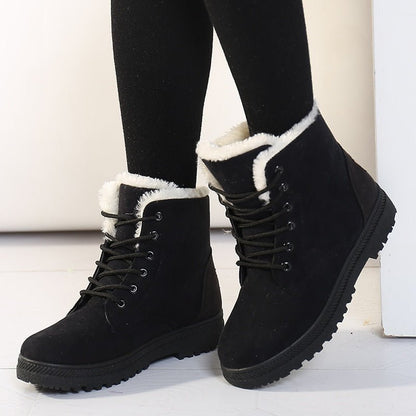 Schwarze Winterstiefel mit weißem Fellfutter, modisch, warm, Damenstiefel, rutschfeste Sohle.