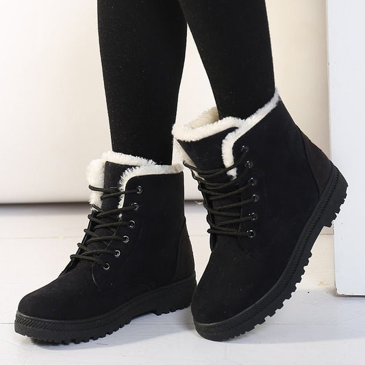 Schwarze Winterstiefel mit weißem Fellfutter, modisch, warm, Damenstiefel, rutschfeste Sohle.