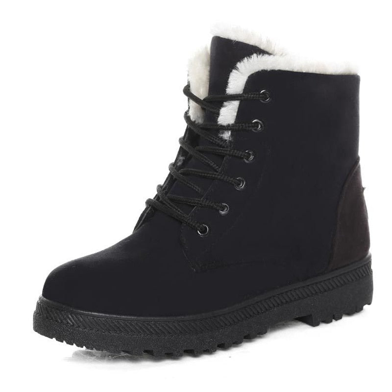 Schwarze Winterstiefel mit Fellfutter, Schnürung, rutschfeste Sohle, modisch, warm.