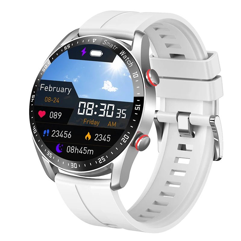 Silberne Smartwatch mit weißem Silikonarmband, rundem Display, Fitness-Tracker-Funktionen.