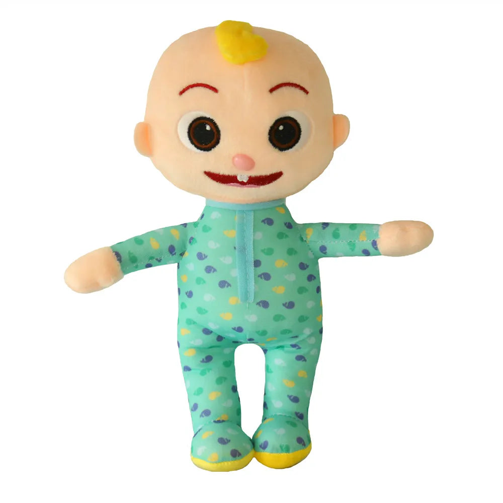Plüschpuppe Baby, singend, grün-blauer Strampler, gelber Haarbüschel, Kinderspielzeug.