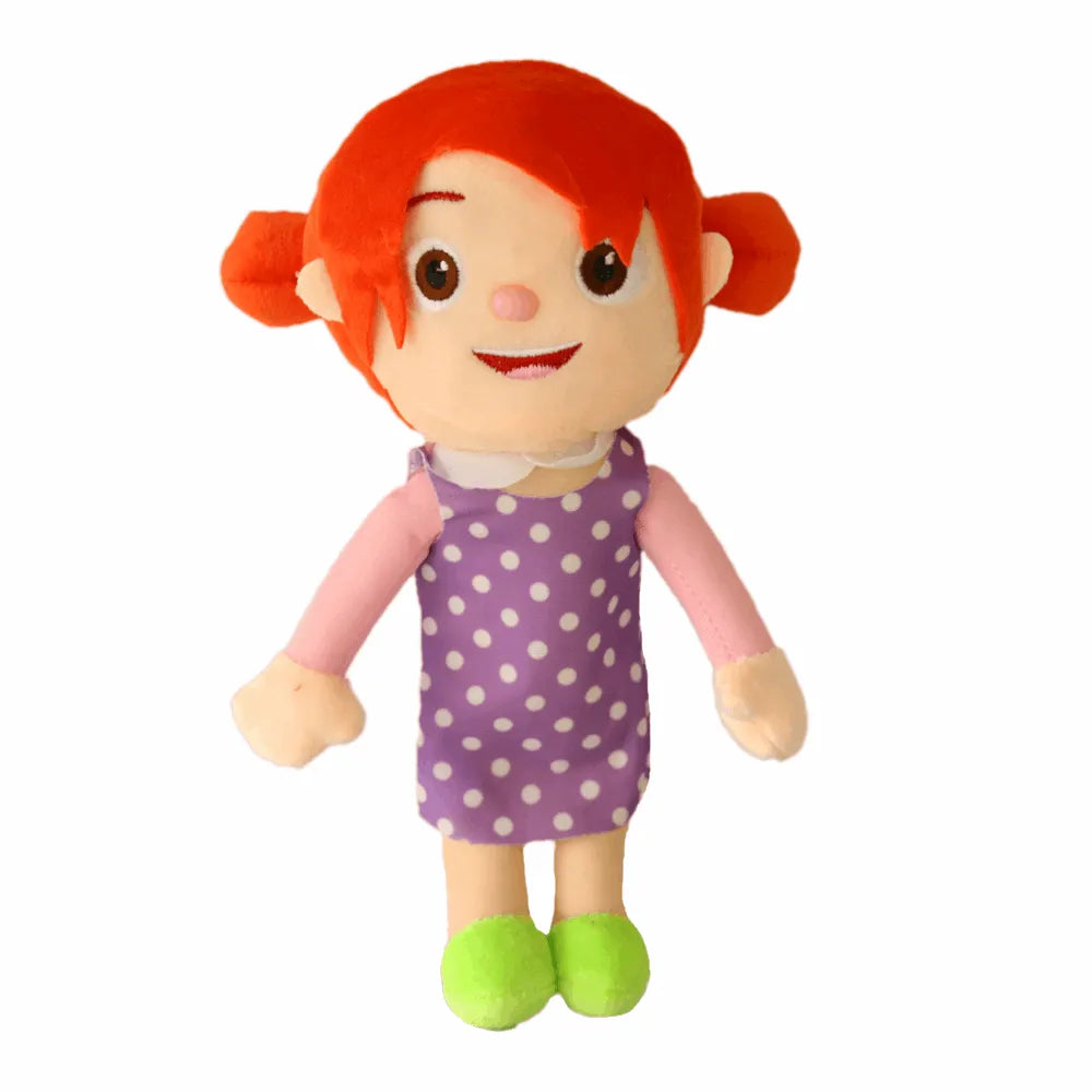 Puppe mit rotem Haar, lila gepunktetem Kleid, grüne Schuhe, Plüschspielzeug für Kinder.