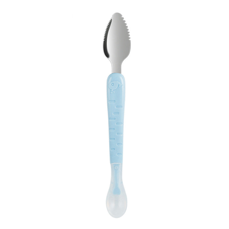 Blauer Babylöffel mit Fischmotiv, Edelstahl, ergonomisch, rutschfest, für Kleinkinder geeignet.