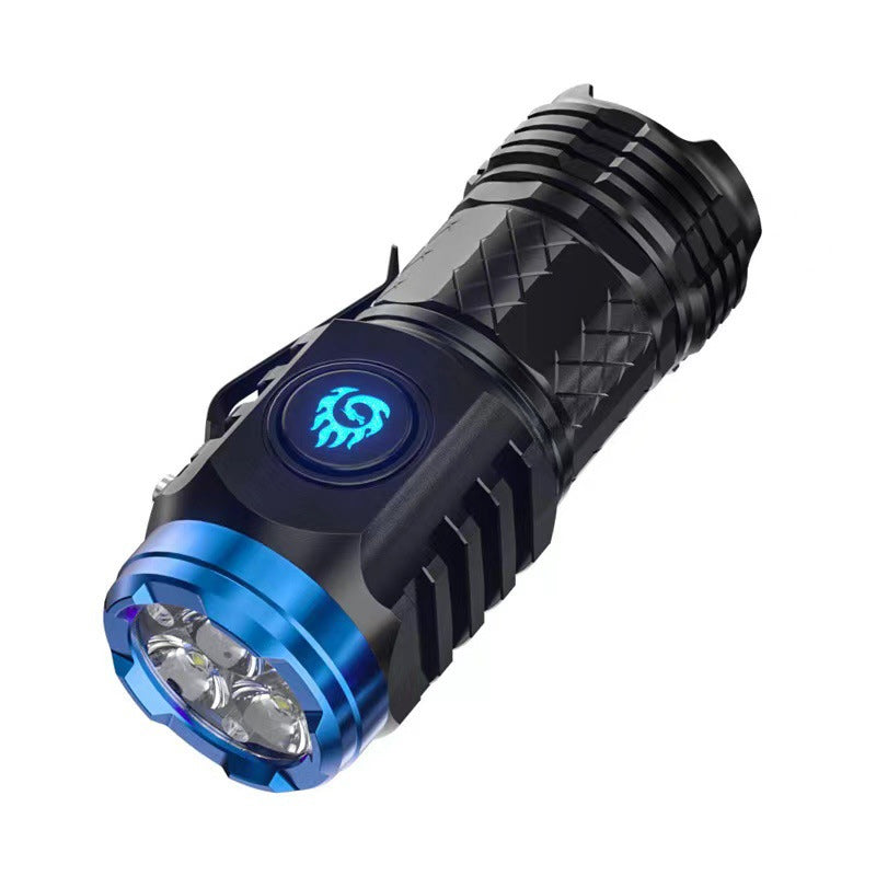 Schwarze LED-Taschenlampe mit blauem Ring, kompakt, leistungsstark, Outdoor-Ausrüstung.