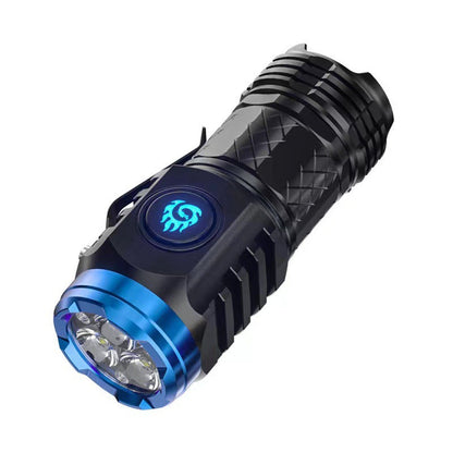 Schwarze LED-Taschenlampe mit blauem Ring, kompakt, leistungsstark, Outdoor-Ausrüstung.