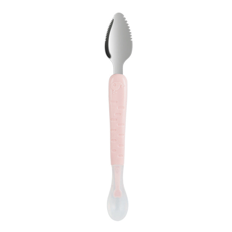 Rosa Babylöffel mit weichem Griff, Edelstahl, ergonomisch, ideal für Kleinkinder.