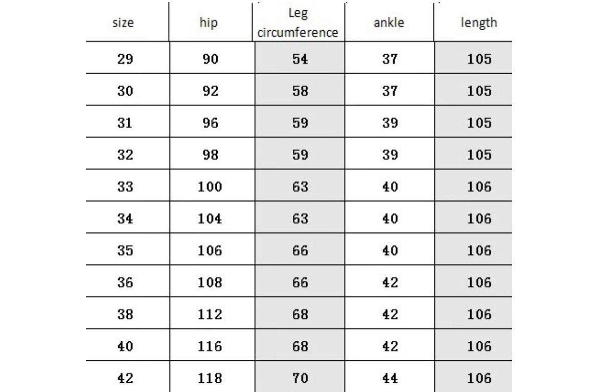 Größentabelle für Herren-Slack, Größen 29-42, Hüft- und Beinmaße, Stretch-Pantalon.